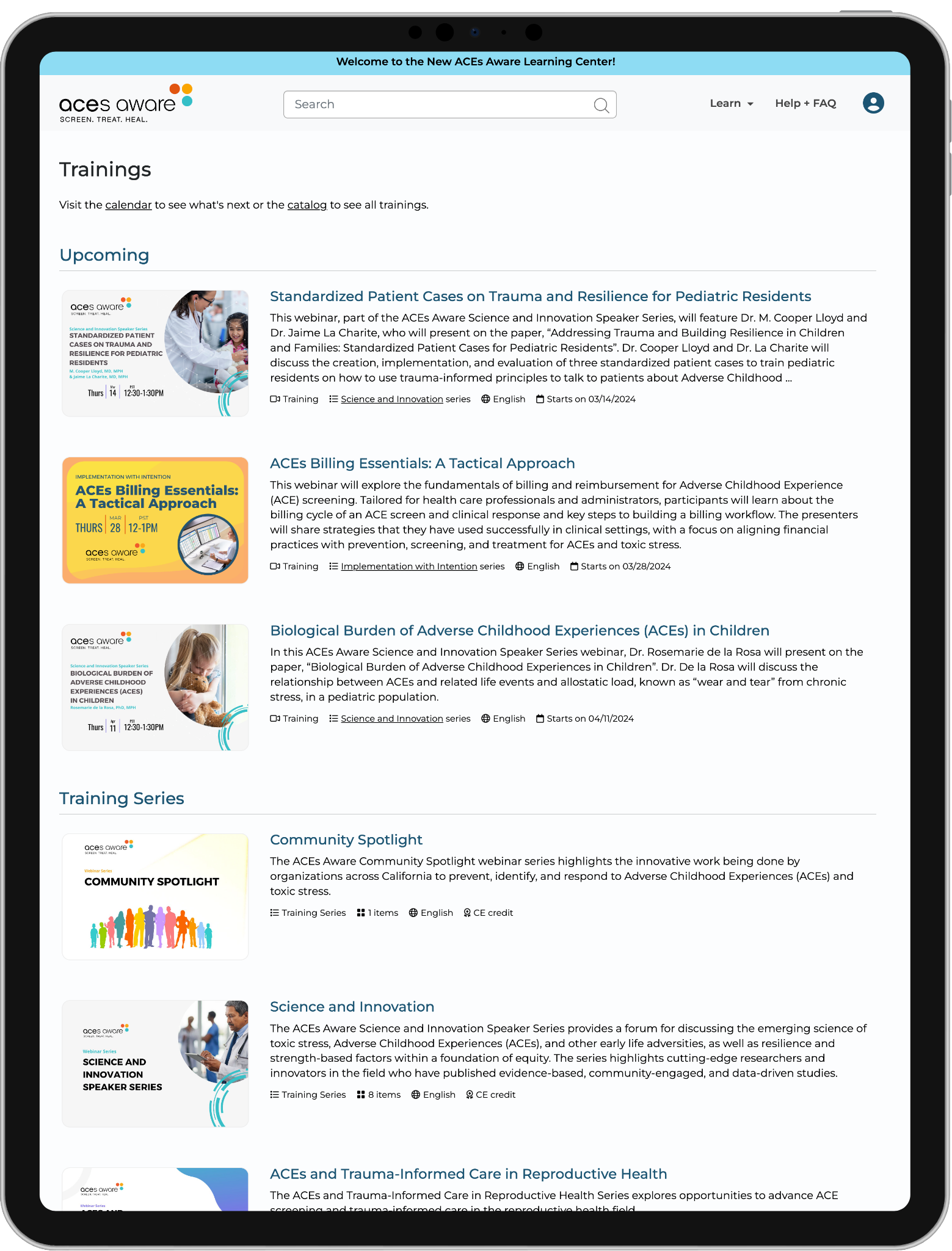 ACEs Aware Events Page A screenshot of the ACEs Aware Events page, displayed on an iPad.